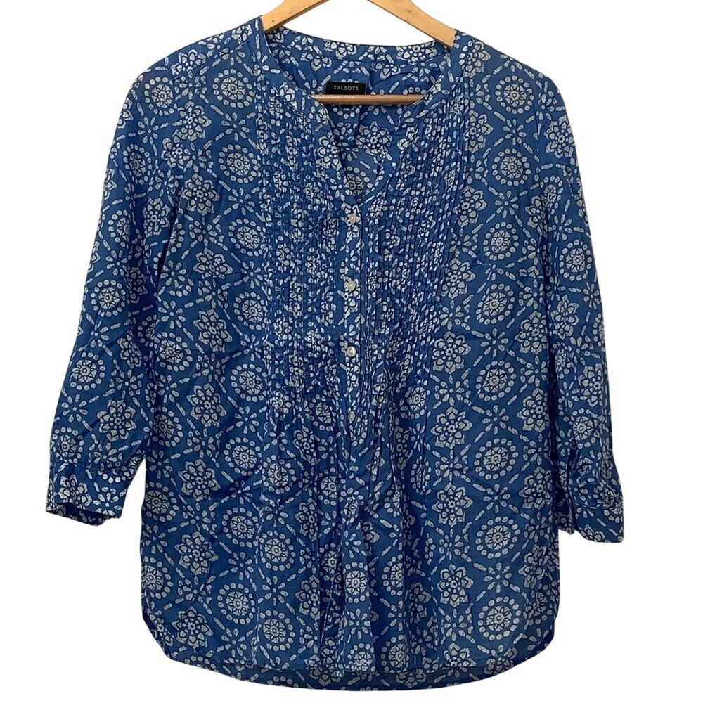Talbots Blue White Floral Batik Pintuck Button Front Blouse Top Small